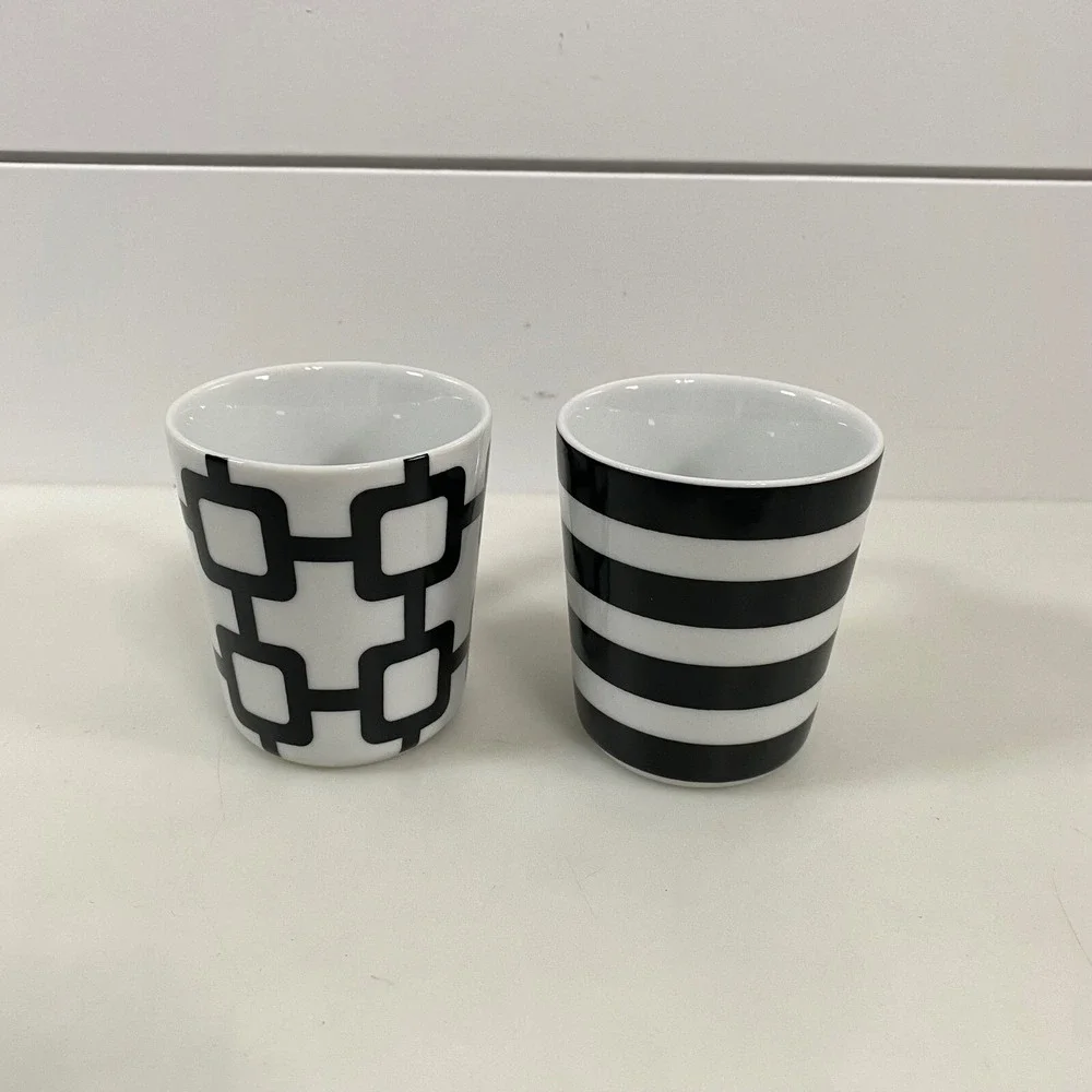 Crate & Barrel Demitasse Espresso Cups Saucers White Black Geometric Porcelain